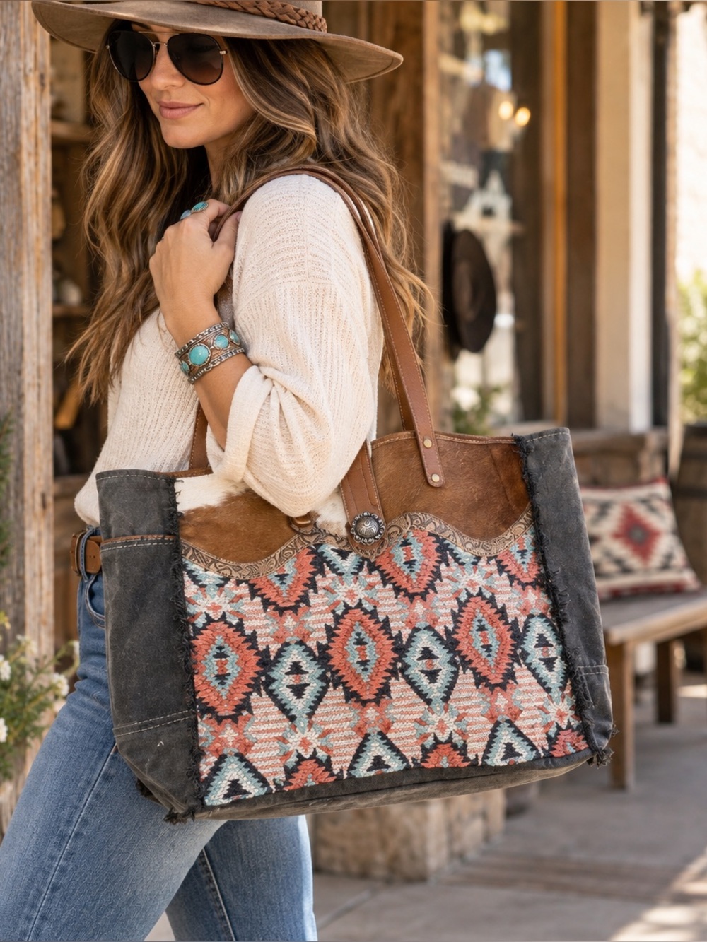 Myra Bag Southwestern Cowhide Canvas Tote Shoulder Bag Aztec Western Large